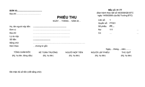 Mẫu phiếu thu (2 liên) theo QĐ số 48/2006/QĐ-BTC ngày 14/09/2006 của Bộ trưởng Bộ Tài chính