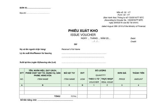 Mẫu phiếu xuất kho - SONG NGỮ theo TT133/2016/TT-BTC ngày 26/08/2016 của Bộ Tài chính