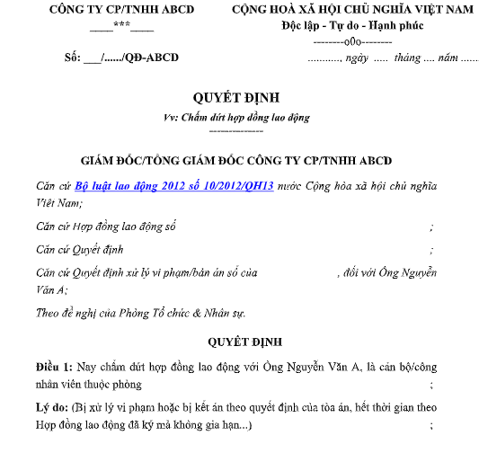 Mẫu quyết định chấm dứt hợp đồng