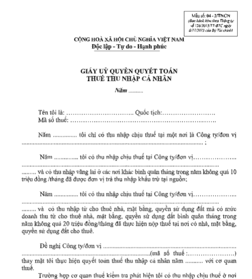 Mẫu giấy ủy quyền quyết toán thuế thu nhập cá nhân (Mẫu số: 04 - 2/TNCN)