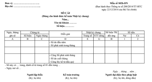 Mẫu Sổ cái (theo hình thức nhật ký chung) theo TT200/2014/TT-BTC ngày 22/12/2014 của Bộ Tài chính