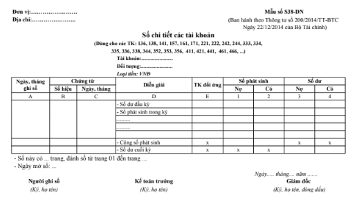 Mẫu sổ chi tiết các tài khoản theo TT200/2014/TT-BTC ngày 22/12/2014 của Bộ Tài chính