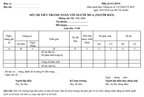 Mẫu sổ chi tiết thanh toán với người mua (người bán) theo TT133/2016/TT-BTC ngày 26/08/2016 của Bộ Tài chính