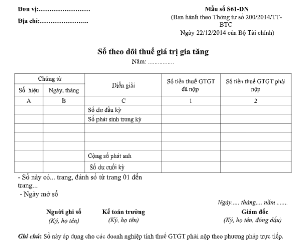 Mẫu sổ theo dõi thuế giá trị gia tăng theo TT200/2014/TT-BTC ngày 22/12/2014 của Bộ Tài chính