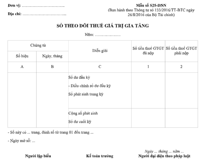 Mẫu sổ theo dõi thuế giá trị gia tăng theo TT 133/2016/TT-BTC ngày 26/08/2016 của Bộ Tài chính