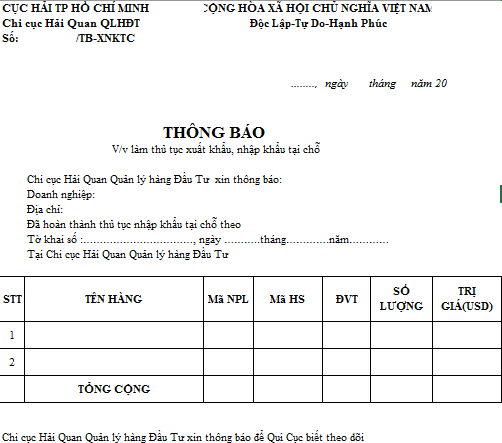 Mẫu thông báo thuế nhập tại chỗ