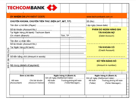 Mẫu giấy ủy nhiệm chi ngân hàng Techcombank - Ngân hàng thương mại cổ phần Kỹ Thương Việt Nam