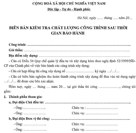 Mẫu biên bản  kiểm tra chất lượng công trình sau thời gian bảo hành