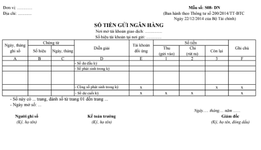 Mẫu sổ tiền gửi ngân hàng theo TT200/2014/TT-BTC ngày 22/12/2014 của Bộ Tài chính