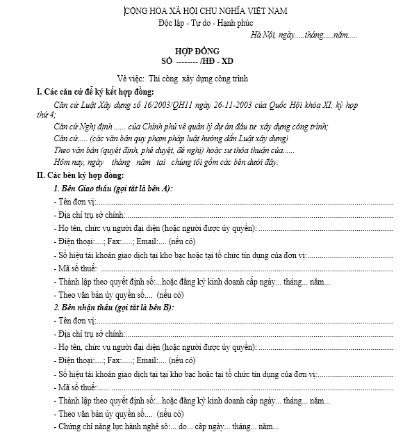Mẫu hợp đồng thi công xây dựng