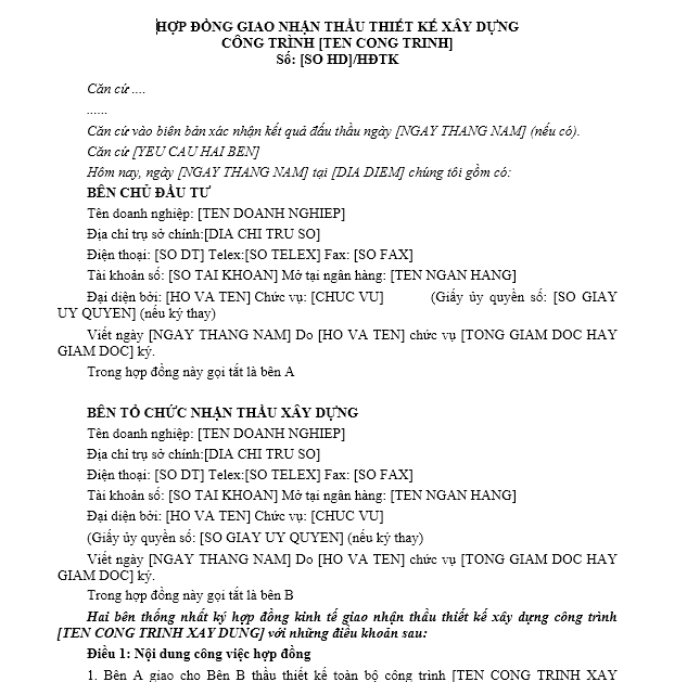 Mẫu hợp đồng giao nhận thầu thiết kế xây dựng