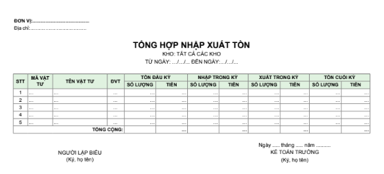 Mẫu tổng hợp nhập xuất tồn ( cả số lượng và giá trị)