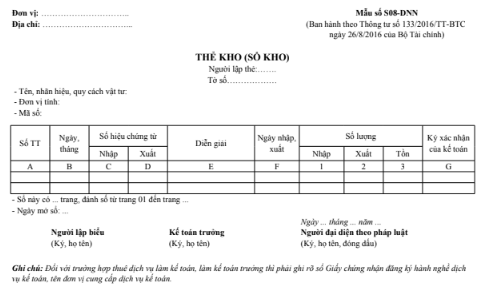 Mẫu thẻ kho (Sổ kho)- S08-DNN theo TT133/2016/TT-BTC ngày 26/08/2016 của Bộ Tài chính