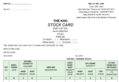 Mẫu thẻ kho (Sổ kho)-SONG NGỮ S08-DNN theo TT133/2016/TT-BTC ngày 26/08/2016 của Bộ Tài chính