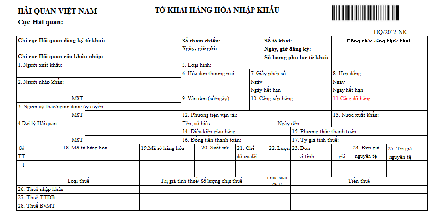 Mẫu tờ khai hàng hóa nhập khẩu