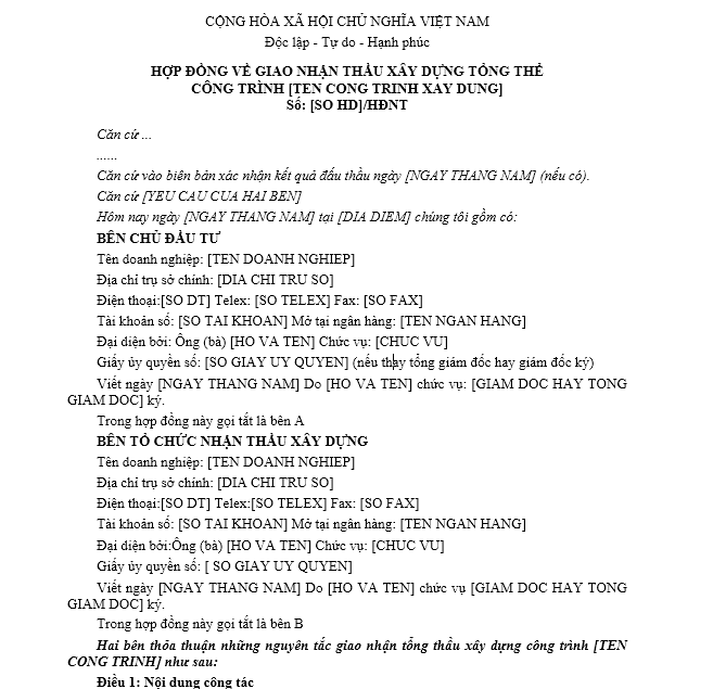 Mẫu hợp đồng về giao nhận thầu xây dựng tổng thể công trình