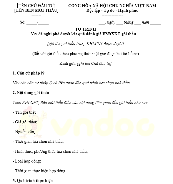 Mẫu tờ trình đề nghị phê duyệt kết quả đánh giá hồ sơ đề xuất về kỹ thuật gói thầu