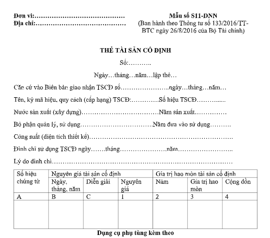 Mẫu thẻ tài sản cố định theo TT133/2016/TT-BTC ngày 26/08/2016 của Bộ Tài chính