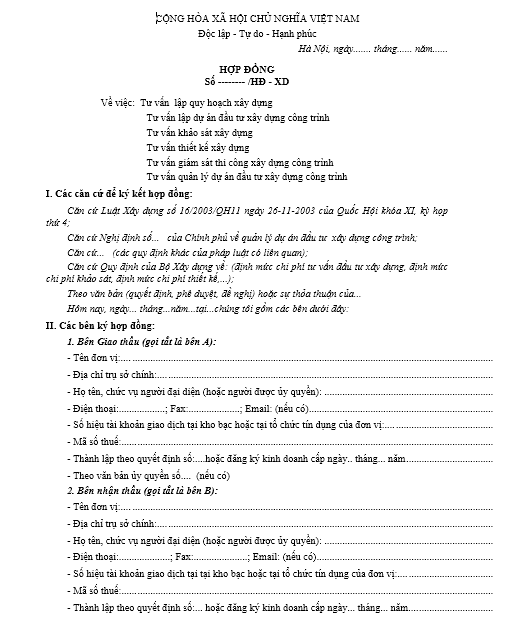 Mẫu hợp đồng trong tư vấn xây dựng