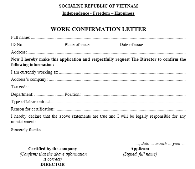 Mẫu đơn xin xác nhận công tác - WORK CONFIRMATION LETTER