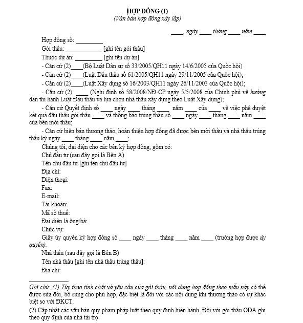 Mẫu hợp đồng xây lắp trong xây dựng cơ bản