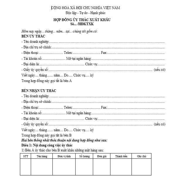 Mẫu hợp đồng ủy thác xuất khẩu