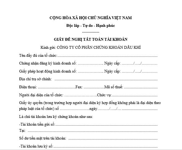 Mẫu giấy đề nghị tất toán tài khoản của tổ chức
