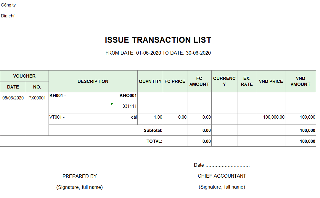 Mẫu bảng kê phiếu xuất ( TIẾNG ANH - Ngoại tệ)
