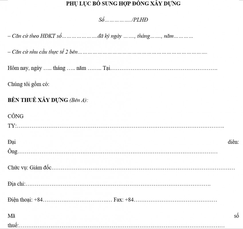 Phụ lục hợp đồng bổ sung khối lượng xây dựng