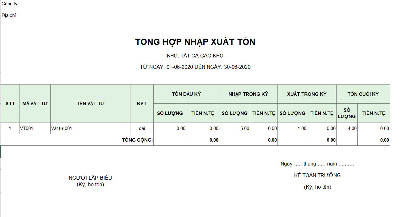 Mẫu tổng hợp nhập xuất tồn ( cả số lượng và giá trị) - Ngoại tệ