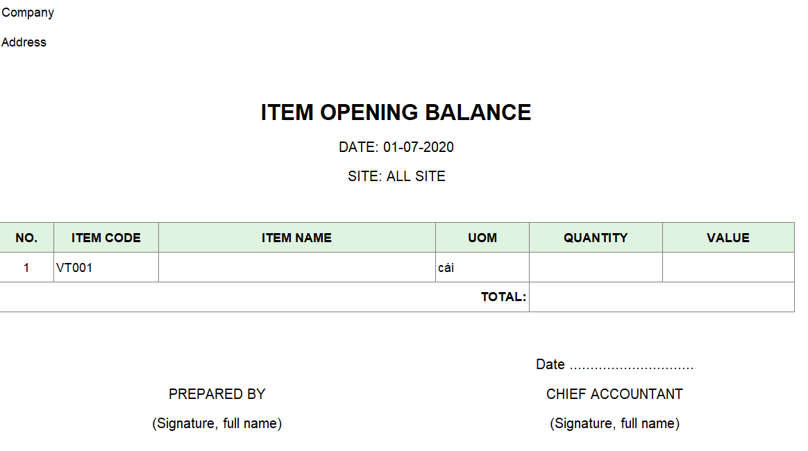 Mẫu báo cáo tồn kho đầu kỳ ( TIẾNG ANH)