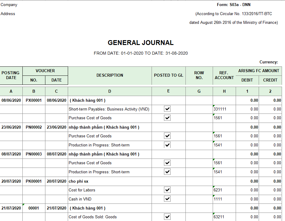 Mẫu sổ nhật ký chung theo TT133 ( TIẾNG ANH - Ngoại tệ)