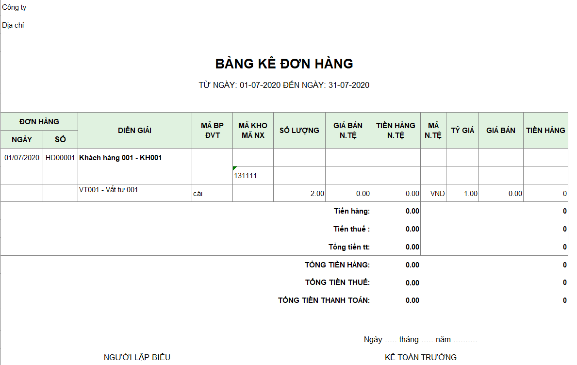 Mẫu bảng kê đơn hàng ( Ngoại tệ)