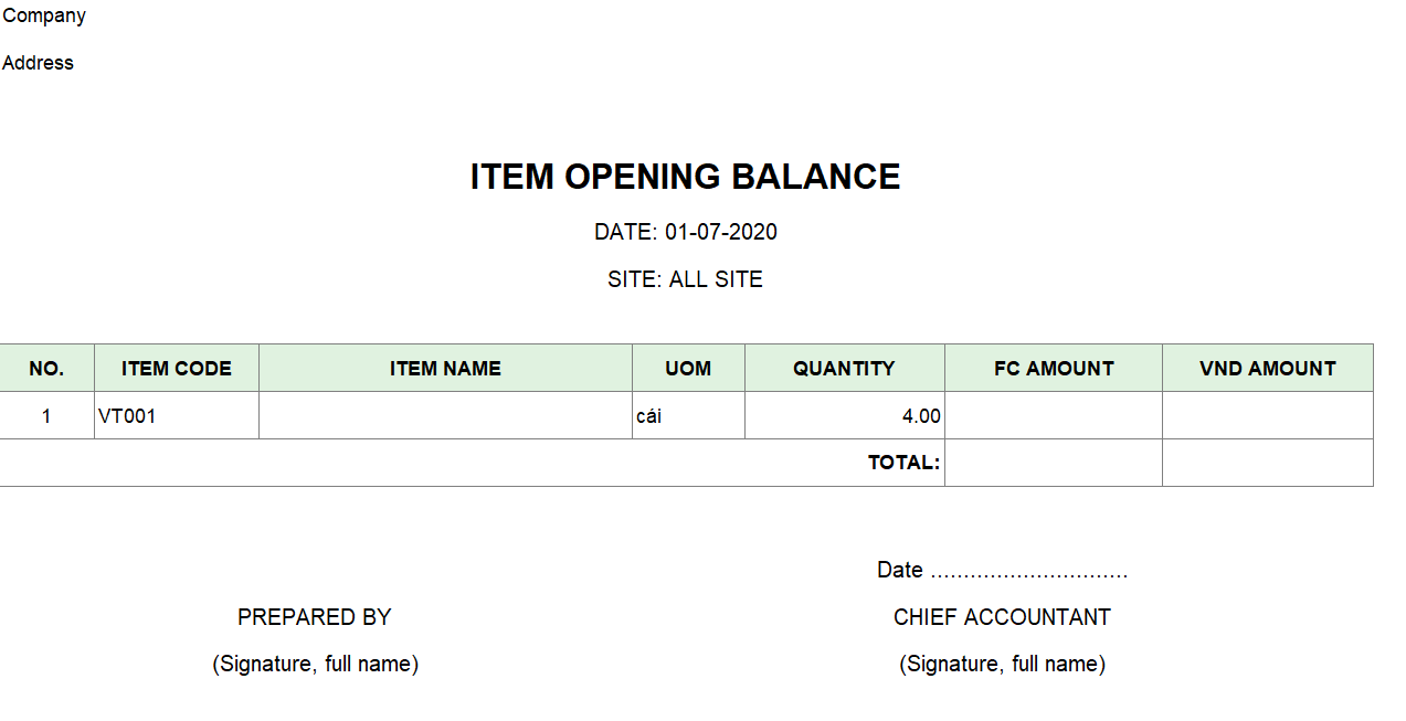 Mẫu báo cáo tồn kho đầu kỳ ( TIẾNG ANH - Ngoại tệ)