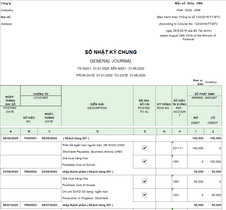 Mẫu sổ nhật ký chung theo TT133 ( Song ngữ)