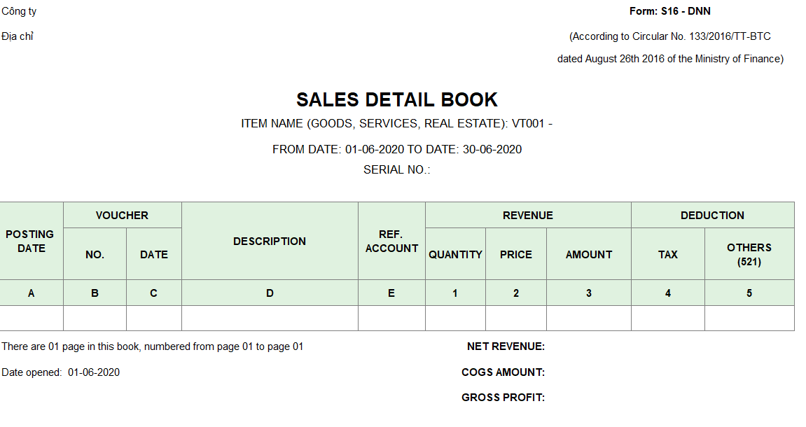 Mẫu sổ chi tiết bán hàng ( TIẾNG ANH) theo TT133/2016/TT-BTC ngày 26/08/2016 của Bộ Tài chính