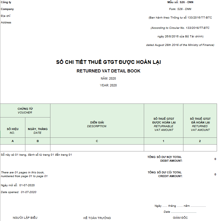 Mẫu sổ chi tiết thuế giá trị gia tăng được hoàn lại theo TT 133 ( Song ngữ)