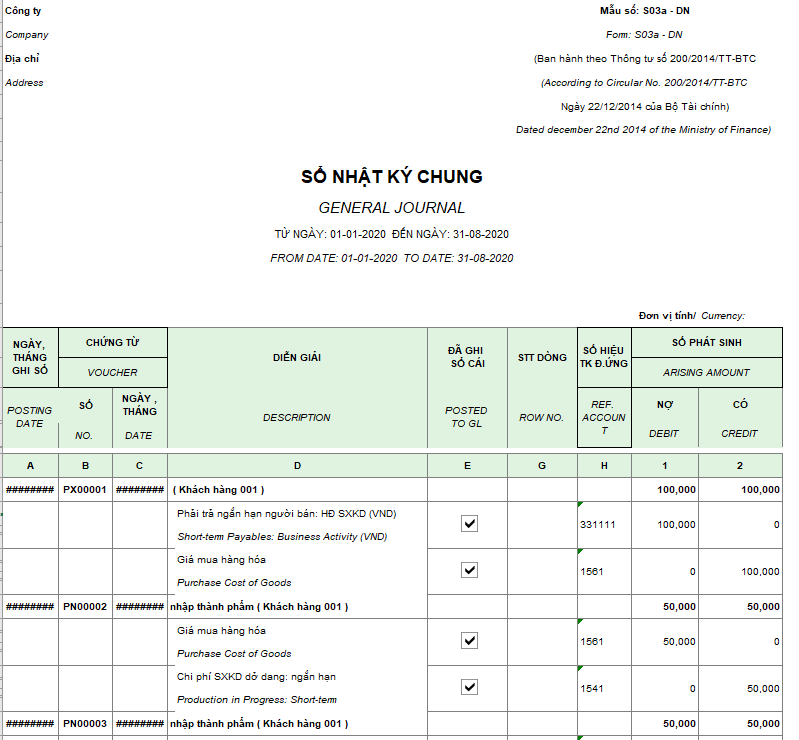 Mẫu sổ nhật ký chung theo TT200 ( Song ngữ)