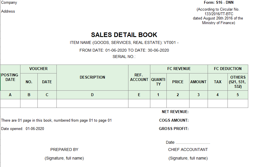 Mẫu sổ chi tiết bán hàng ( TIẾNG ANH - Ngoại tệ) theo TT133/2016/TT-BTC ngày 26/08/2016 của Bộ Tài chính