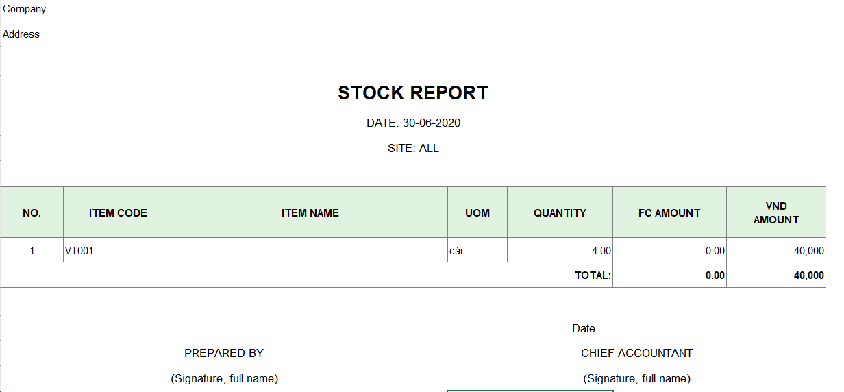 Mẫu báo cáo tồn kho ( TIẾNG ANH - Ngoại tệ)