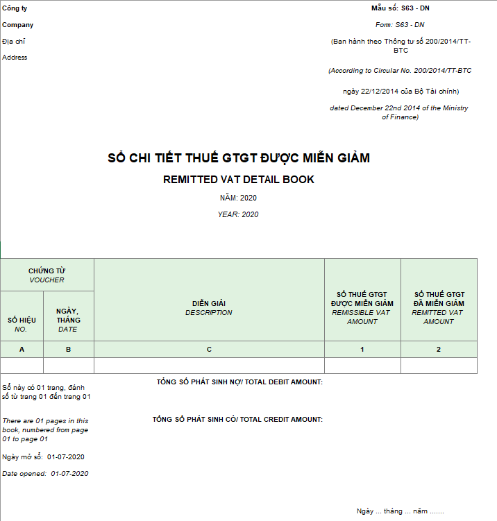 Mẫu sổ chi tiết thuế GTGT được miễn giảm theo TT200 ( Song ngữ)