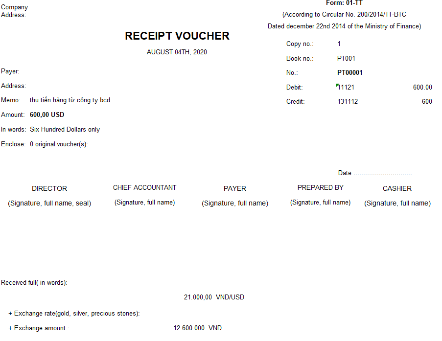 Mẫu phiếu thu theo TT 200 ( TIẾNG ANH - Ngoại tệ)