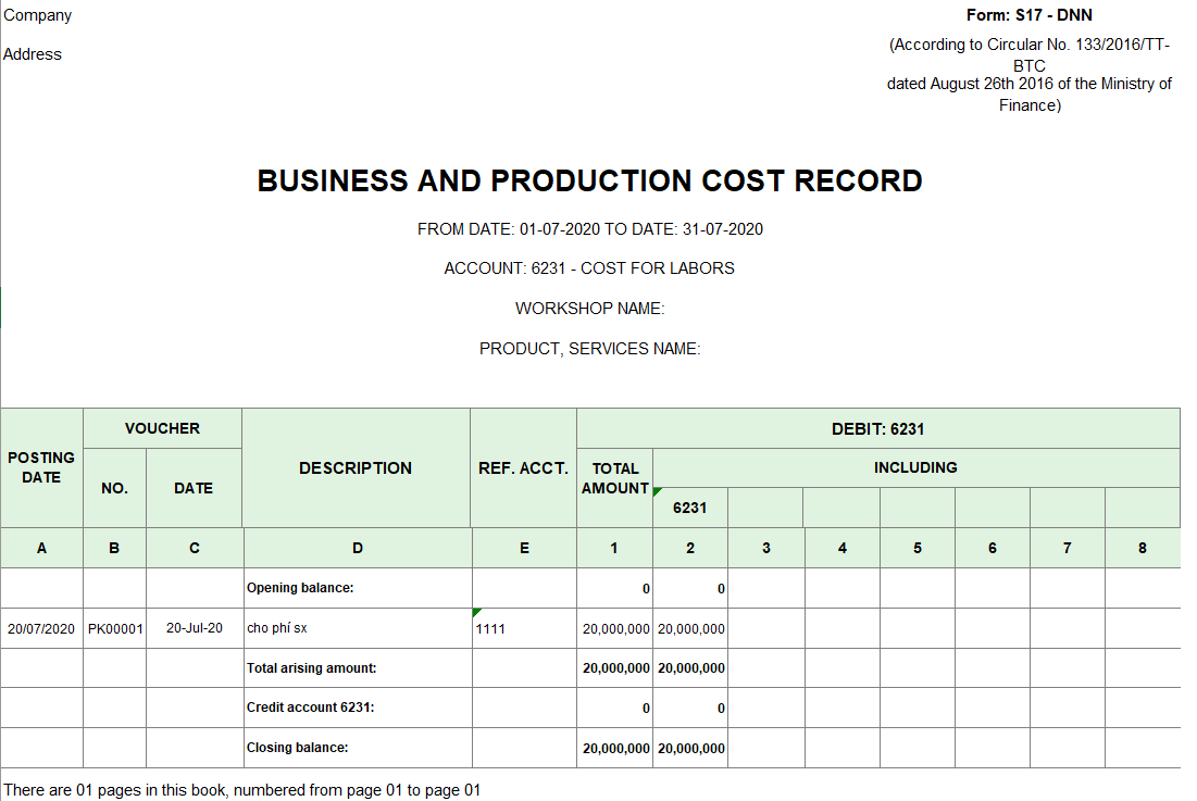 Mẫu sổ chi phí sản xuất kinh doanh theo TT133 ( TIẾNG ANH)