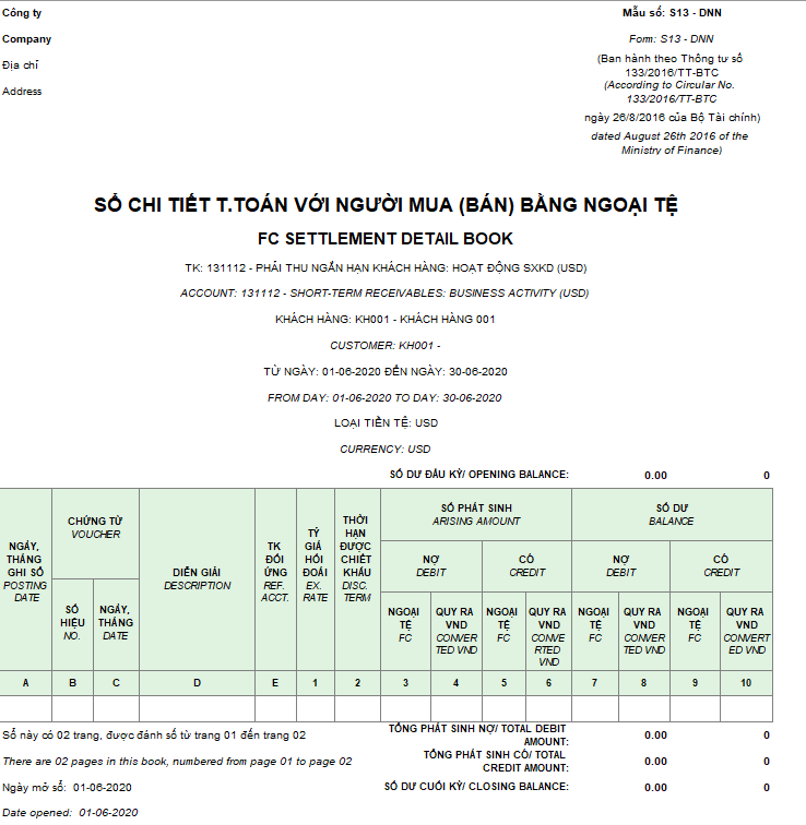Mẫu sổ chi tiết thanh toán với người mua (người bán) bằng ngoại tệ (Song ngữ)theo TT133/2016/TT-BTC