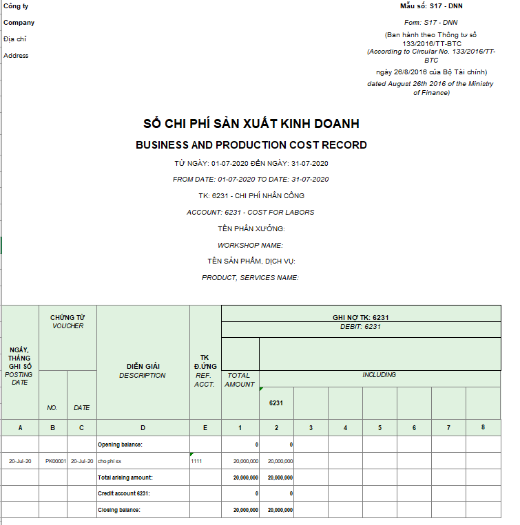 Mẫu sổ chi phí sản xuất kinh doanh theo TT133 ( Song ngữ)