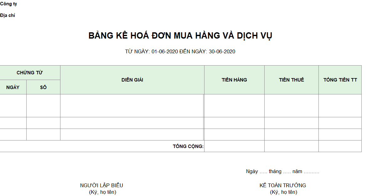 Mẫu bảng kê hóa đơn mua hàng hóa và dịch vụ