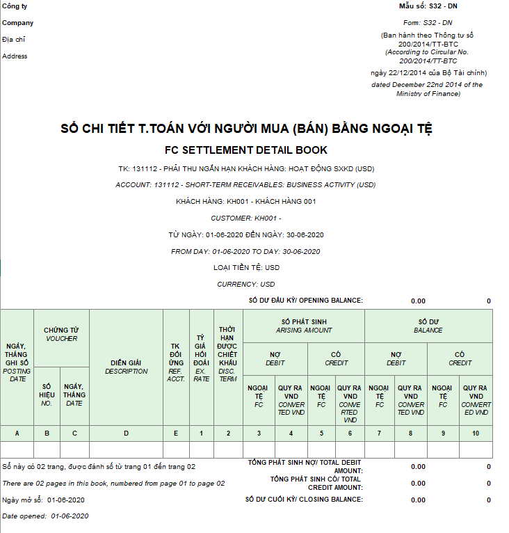 Mẫu sổ chi tiết thanh toán với người mua (người bán) bằng ngoại tệ (Song ngữ) theo TT200/2014/TT-BTC