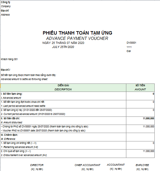 Mẫu phiếu thanh toán tiền tạm ứng theo TT200 ( Song ngữ)
