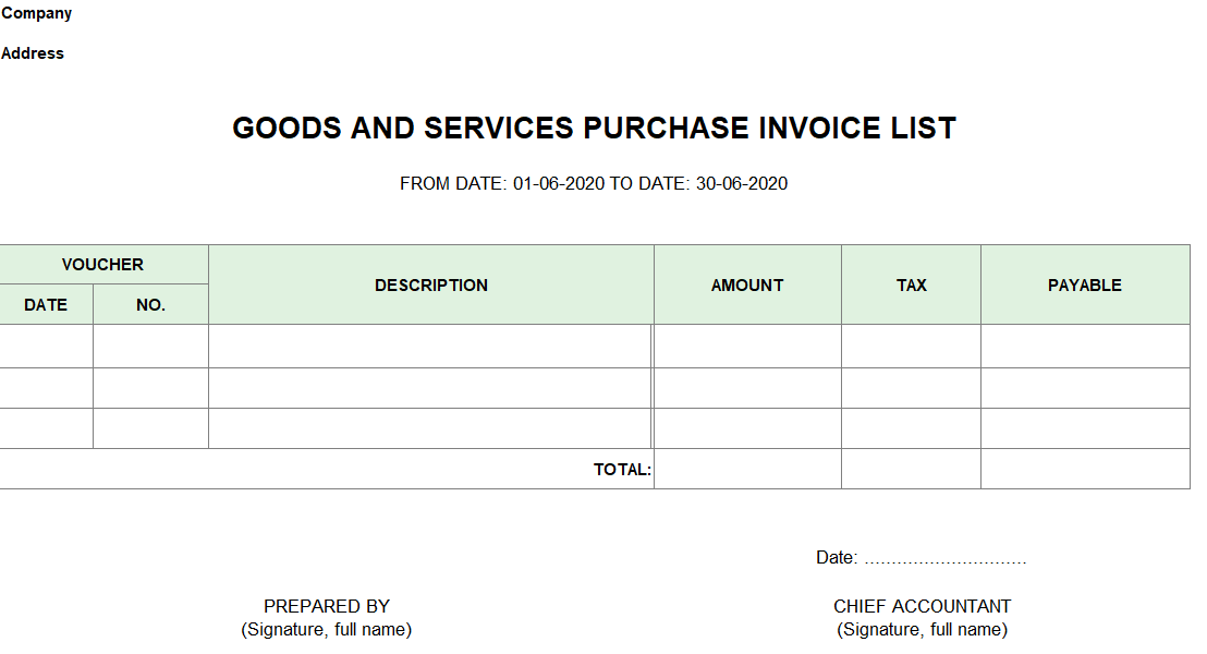 Mẫu bảng kê hóa đơn mua hàng hóa và dịch vụ (TIẾNG ANH)
