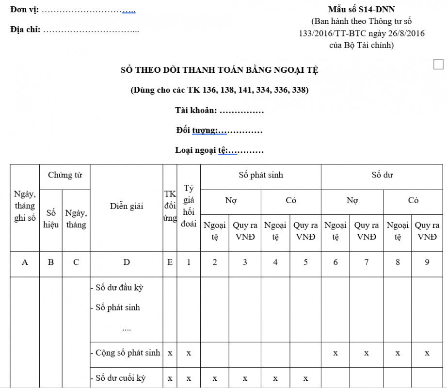 Mẫu Sổ theo dõi thanh toán bằng ngoại tệ theo Thông tư 133/2016/TT-BTC
